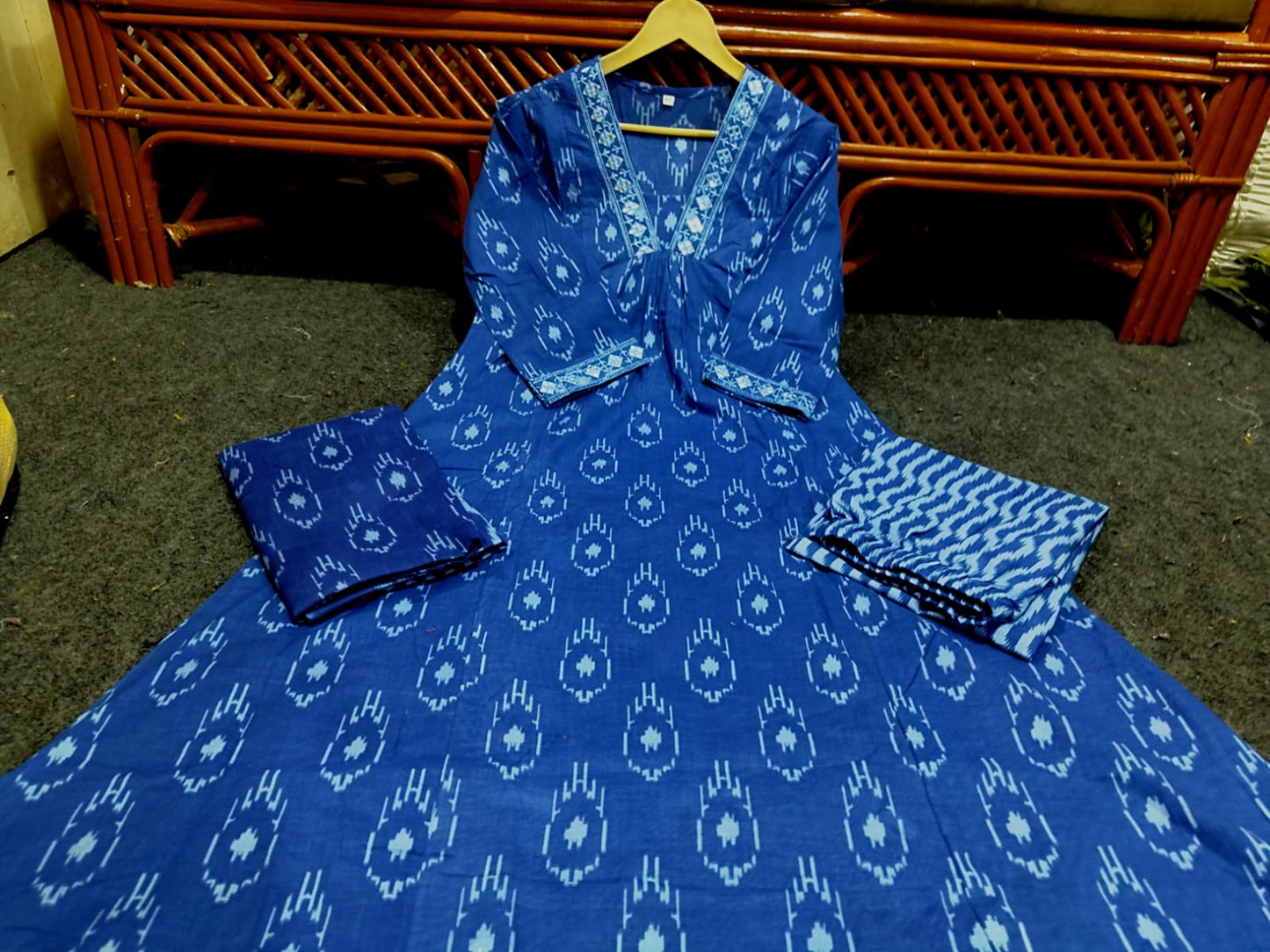 Women Cotton Ikkat Blue Kurta Pant and Dupatta set