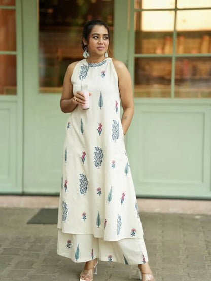 Cream Sleeves Royal Mughal Cotton Coord Set