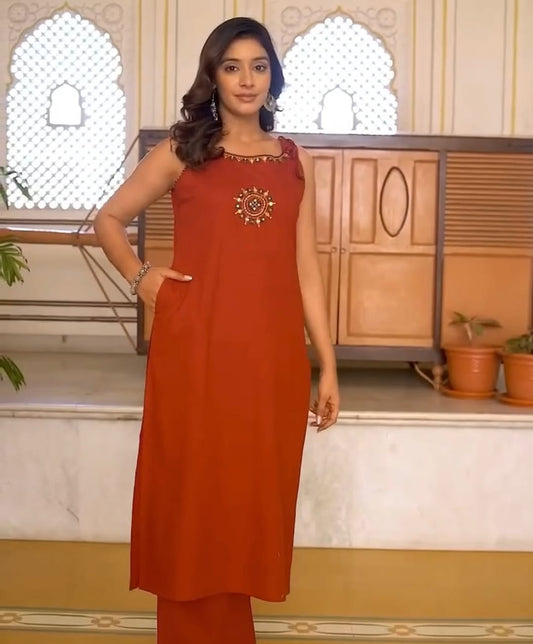 Dori Style Embroidery Work A-Line Kurti Pant Set