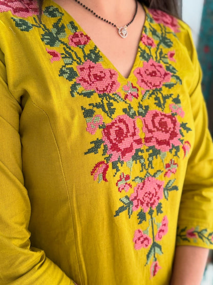 Elegant Mustard Yellow Embroidered Kurta Pant Set for Women