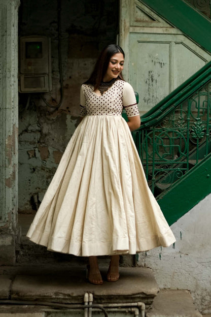 Mohini Cream Embroidered Anarkali Dress – Backless Festive & Wedding Wear for Women