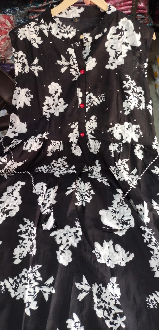 Women Cotton Black Middy Gown