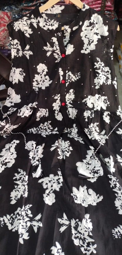 Women Cotton Black Middy Gown