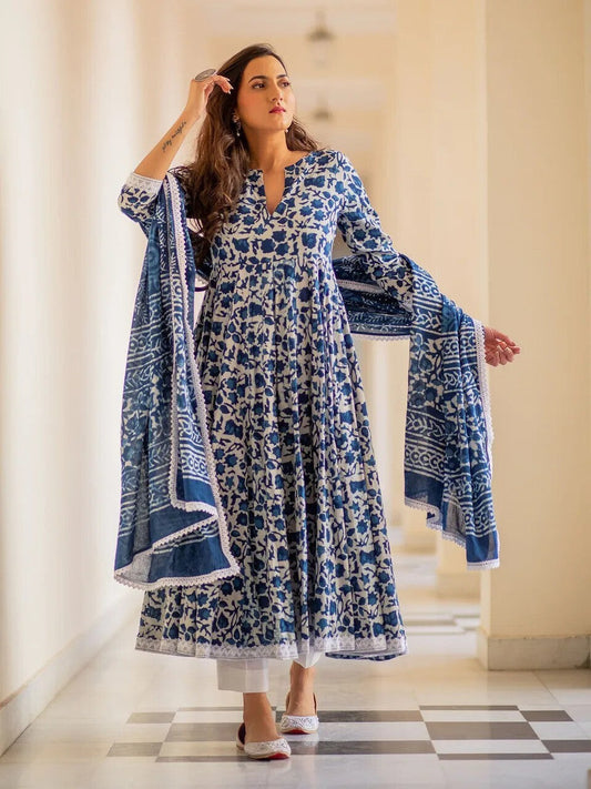 Indigo Floral Print Anarkali Kurta, Bottom & Dupatta Set